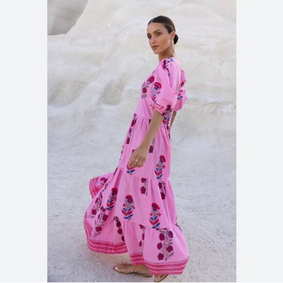 Oliphant Tuckernuck Boca Pink Puff Sleeve Maxi Midi Cotton Block Print Dress - Picture 4 of 16